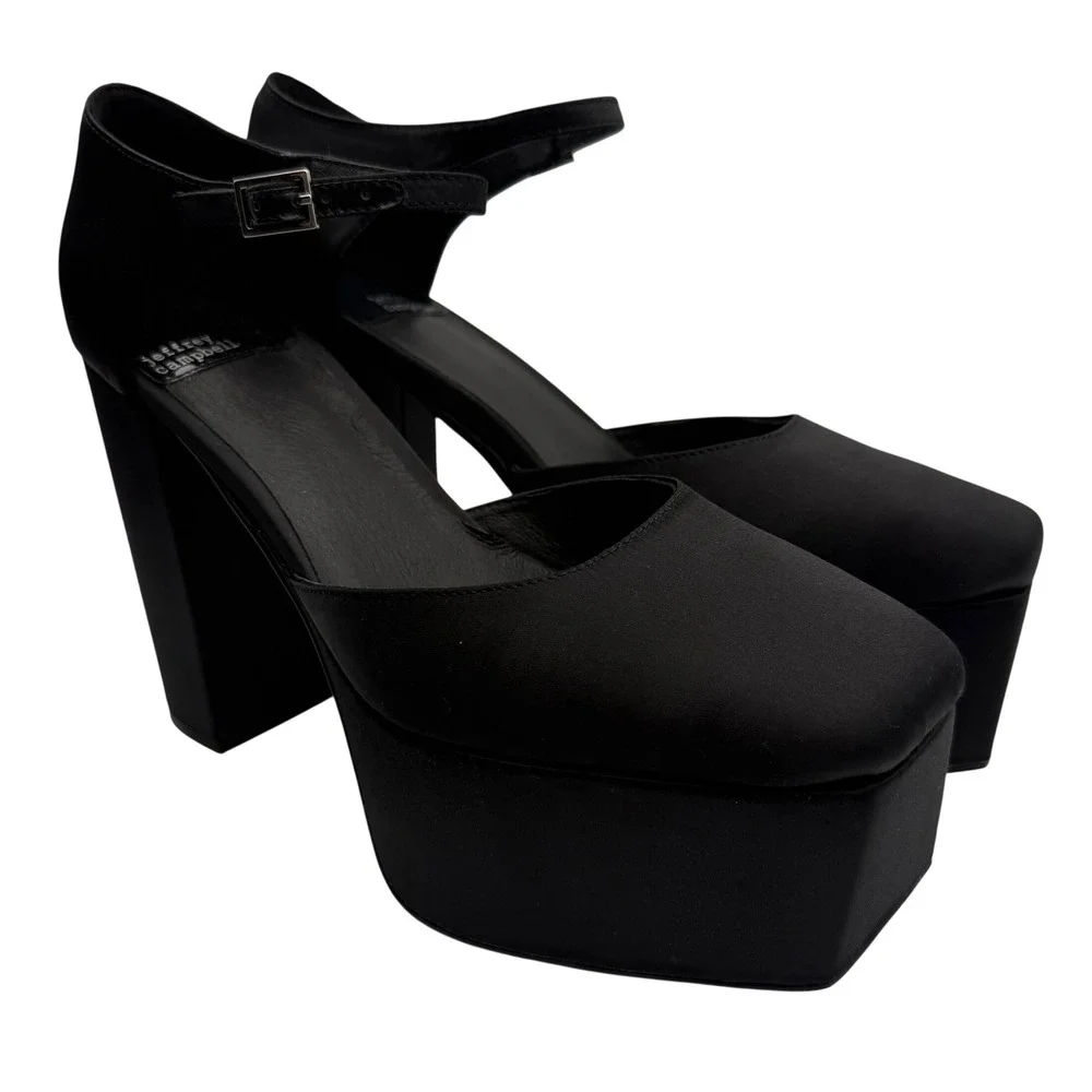 Jeffrey Campbell Black Satin Platform Mary Jane Block Heels Square Toe Womens 9